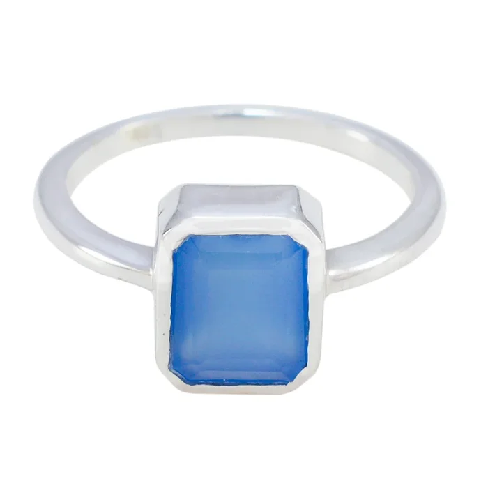 Blue Chalcedony Solitaire American 925 Sterling Silver Blue Gems Whisper-thin Sophisticated Ring Jewelry