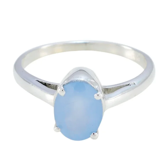 Blue Chalcedony Solitaire Japanese 925 Sterling Silver Blue Gemstone Delicate Feminine Ring Jewelry
