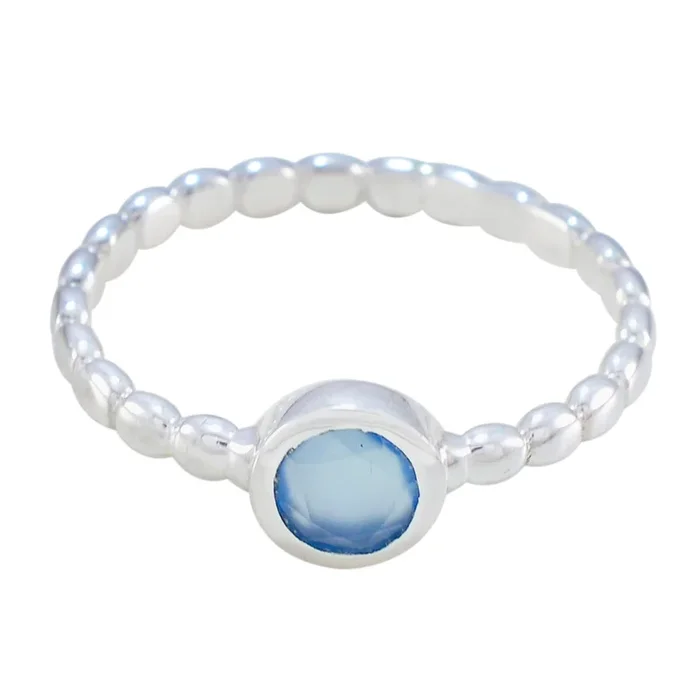 Blue Chalcedony Solitaire Russian 92.5 Silver Blue Gemstone Slim Romantic Ring Jewellery