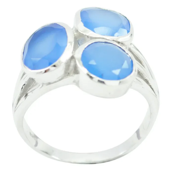 Blue Chalcedony Trilogy Moroccan 925 Silver Blue Gemstone Mid-weight Artisan Ring Jewellery