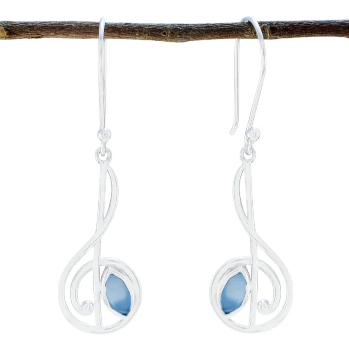 Blue Chalcedony Turkish Milagros Solitaire Dangle Blue 925 Sterling Silver Earring