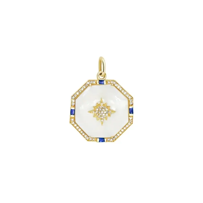 Blue Sapphire and Diamond Octagon Starburst Pendant in 14K Yellow Gold