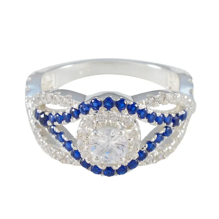 Blue Sapphire CZ Halo Egyptian 925 Sterling Silver Blue Gemstone Tiny Artisan Ring Jewelry