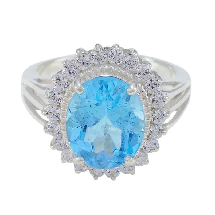 Blue Topaz Halo French 925 Silver Blue Gemstone Classic Signet Ring Jewelry