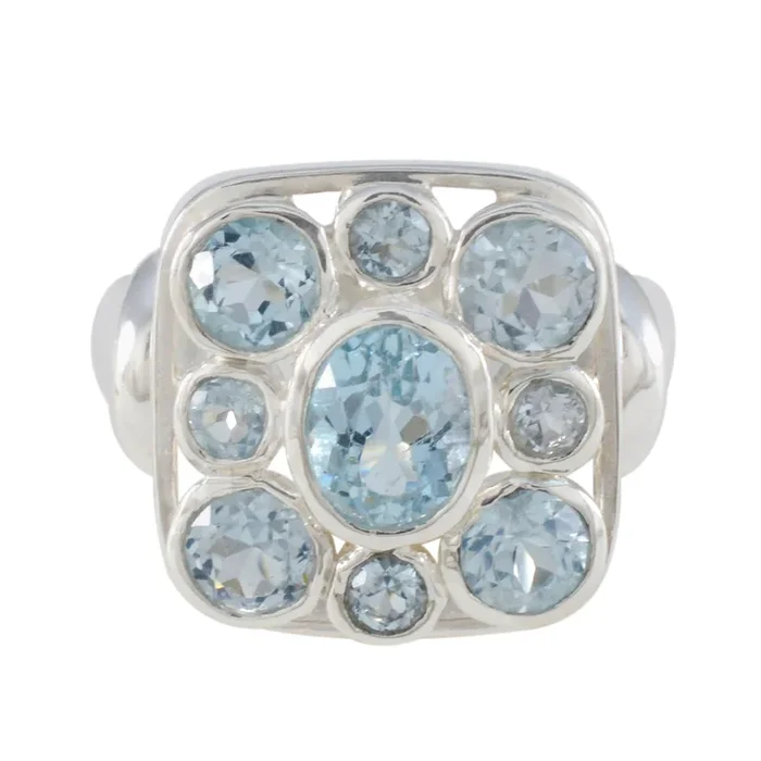 Blue Topaz Navratna Italian 925 Sterling Silver Blue Gems Chunky Armor Ring Jewelry