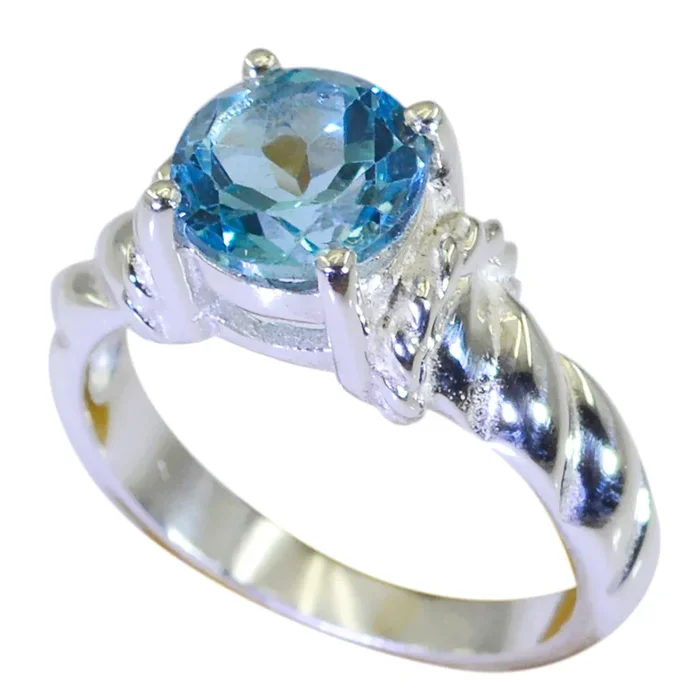 Blue Topaz Solitaire Egyptian 925 Silver Blue Gemstones Slim Glamorous Ring Jewelry