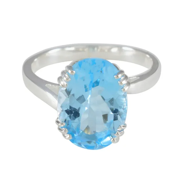 Blue Topaz Solitaire French 92.5 Silver Blue Gems Tiny Contemporary Ring Jewellery
