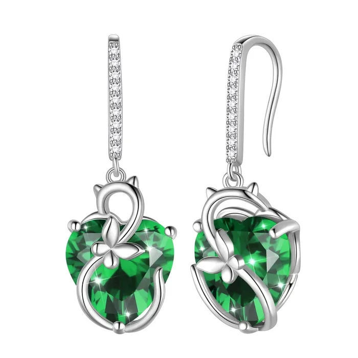 Boucles d’oreilles chat papillon pour femme en argent sterling 925, pendantes, crochet, cœur vert émeraude, pierre de naissance de mai. Bijou idéal pour Noël, un anniversaire, la Saint-Valentin, la fête des mères ou pour un grand-mère.