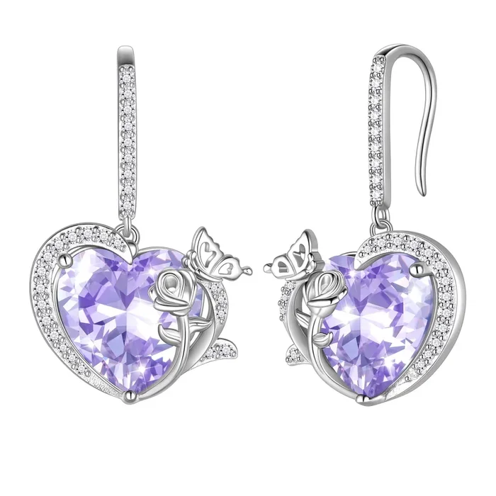 Boucles d’oreilles pendantes en alexandrite, pierre de naissance de juin, en forme de cœur, papillon et rose. Bijou en argent sterling 925. Boucles d’oreilles à crochet. Cadeau idéal pour un anniversaire ou la fête des mères.
