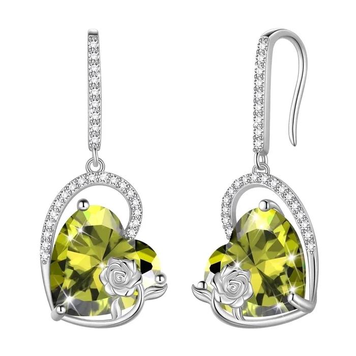 Boucles d’oreilles pendantes en argent sterling 925 pour femme, en forme de cœur, avec pierre de naissance d’août, péridot et rose verte. Bijou cadeau d’anniversaire pour une maman.