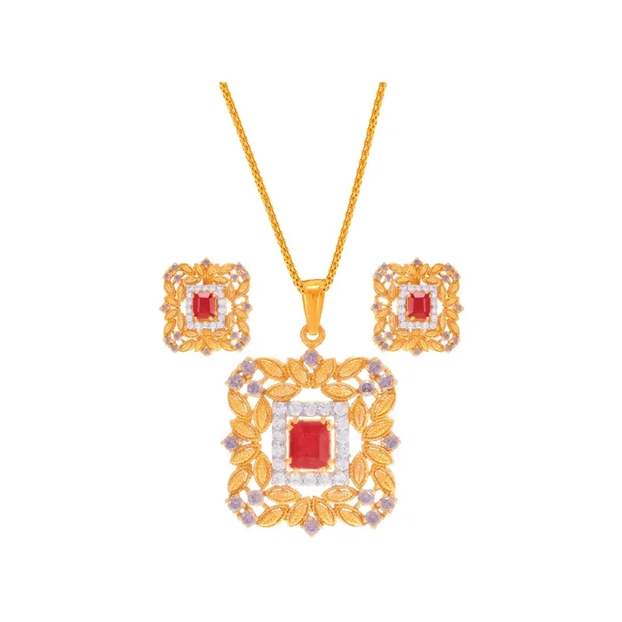 Brilliant Antique Pendant Set With Ruby & CZ in 22K Gold