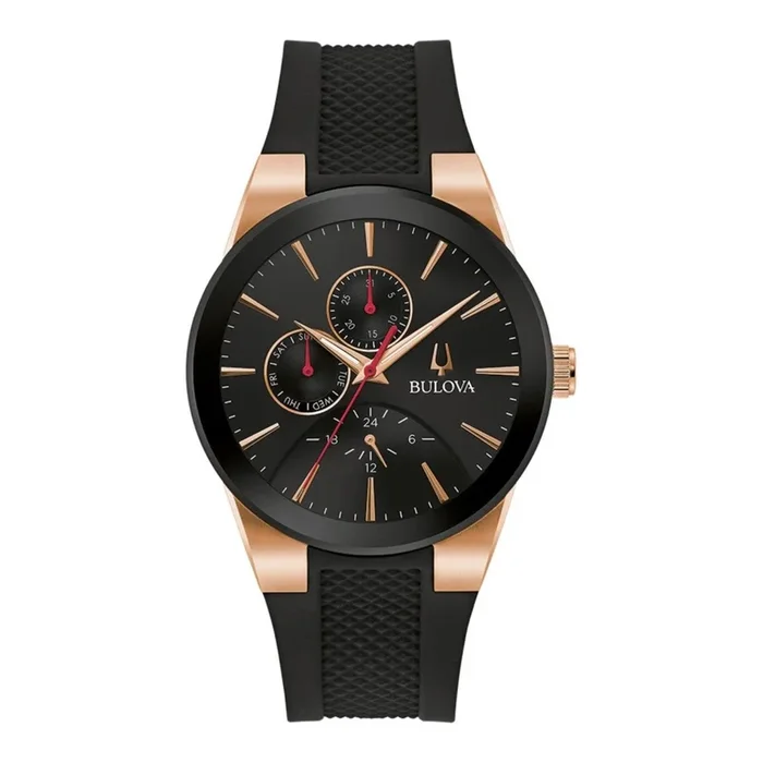 Bulova Futuro Watch with 41MM Black and Rosetone Case Silicone Strap. 97C112