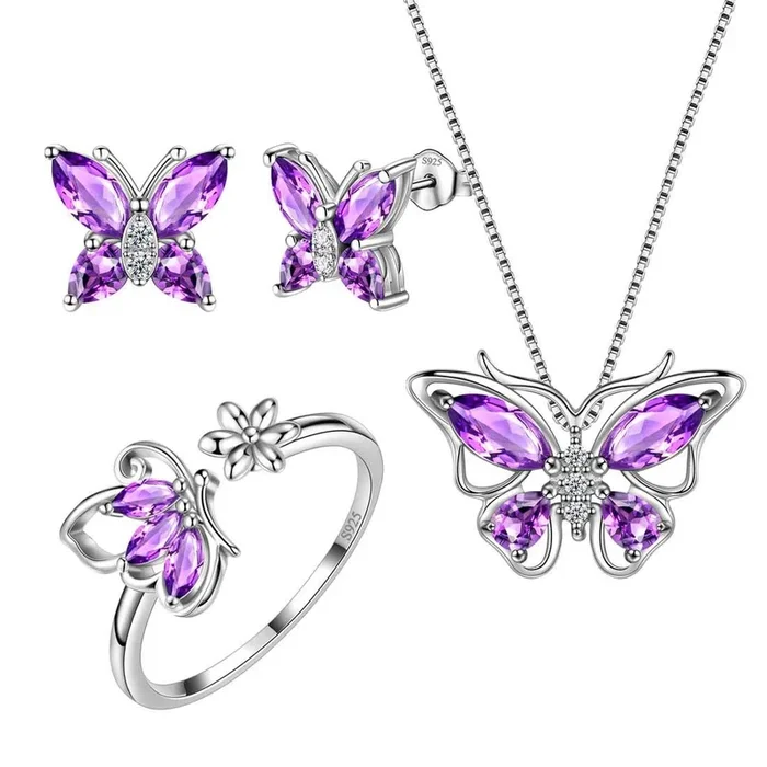 Butterfly Birthstone February Amethyst Jewelry Set 4PCS Women Girls Birthday Gift