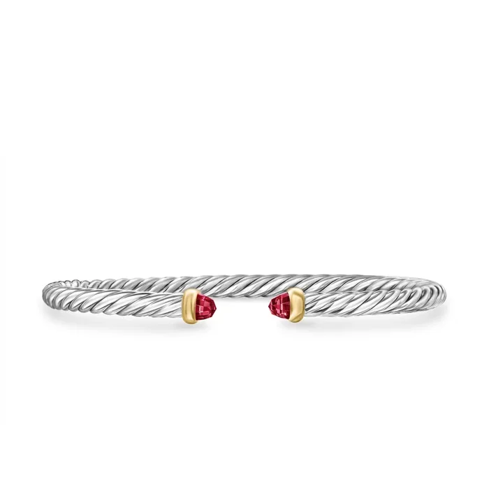 Cable Flex Bracelet in Sterling Silver with 14K Yellow Gold and Rhodolite Garnet, 4mm