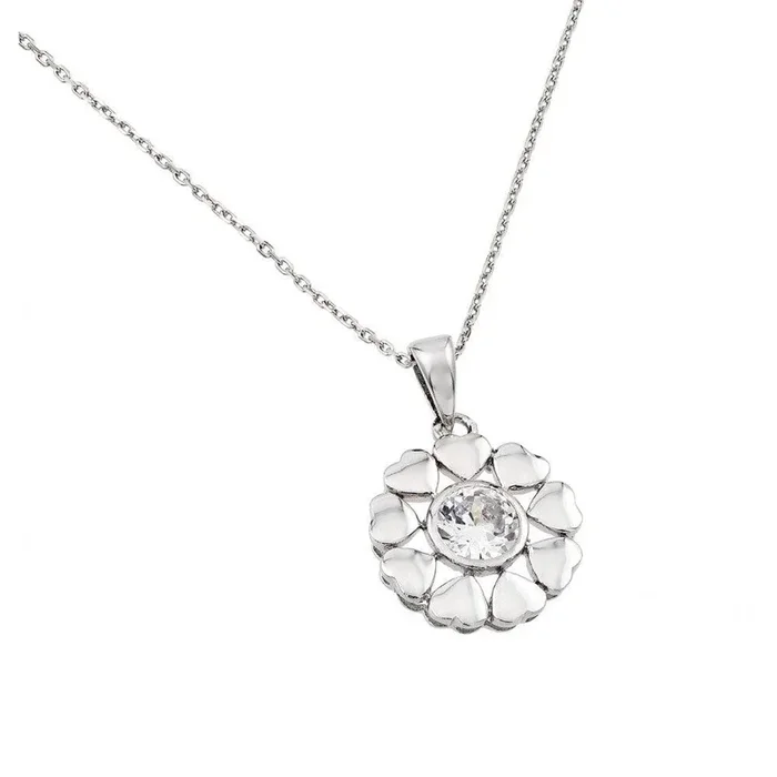 Cadena circular de corazón chapada en rodio de plata 925 con collar con colgante central de piedra CZ transparente – BGP00892