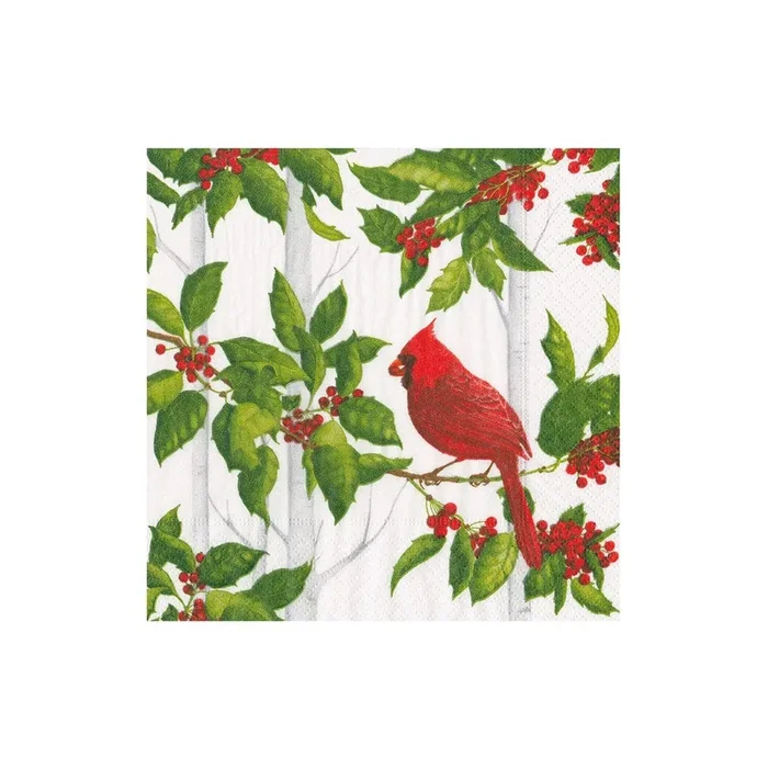 Caspari Holly and Songbirds White & Silver Cocktail Napkins – Set of 20