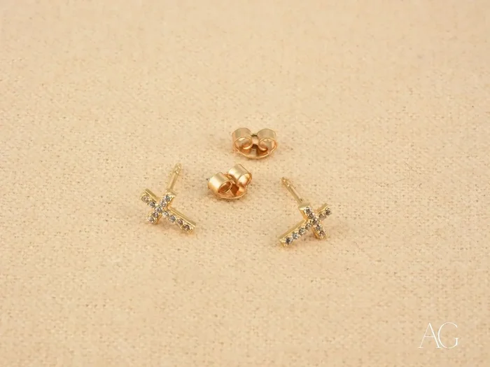 Celestial Grace: 18K Gold Cross CZ Stud Earrings