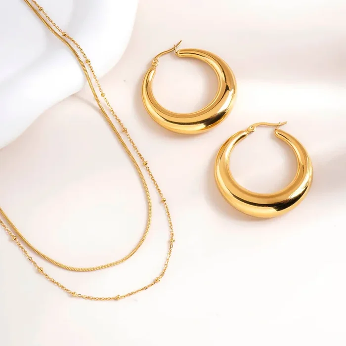 Chic Chunky Hoop Earrings & Double layer choker necklace Combo Set
