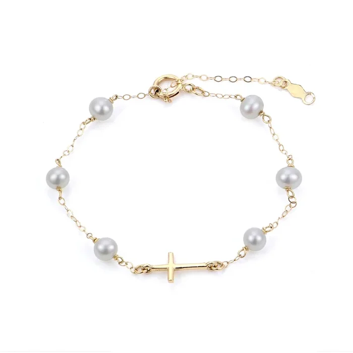 Children’s 14k Gold Freshwater Pearl Sideways Cross Bracelet
