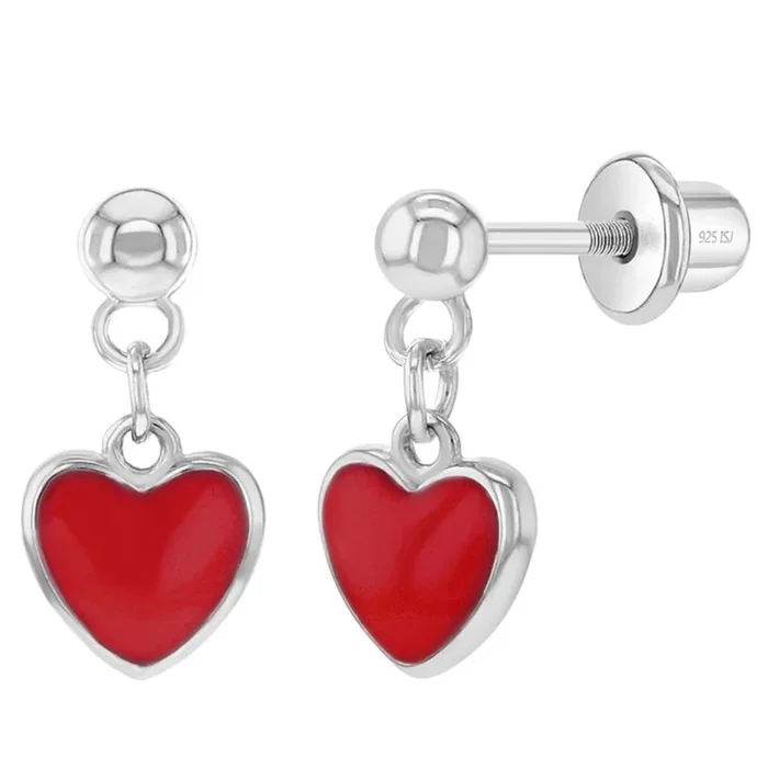 Children’s Sterling Silver & Red Enamel Heart Dangle Screwback Earrings