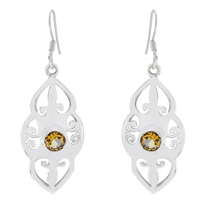 Citrine German Kennedy Solitaire Dangle Yellow Silver Earring