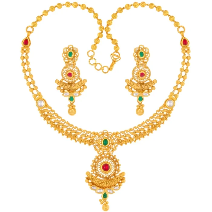 Classic Antique Necklace Set With Kundan & Gemstones in 22K Gold