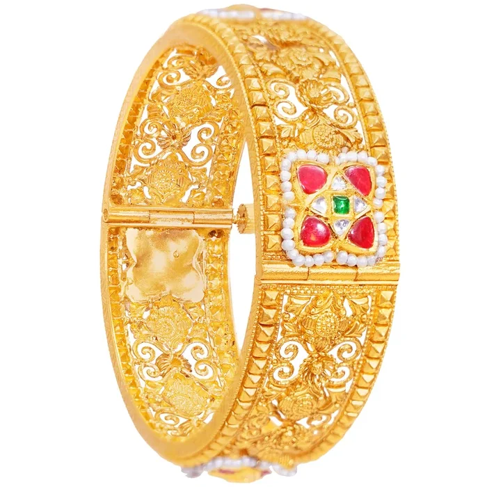 Classic Antique Openable Kara With Kundan & Gemstones in 22K Gold