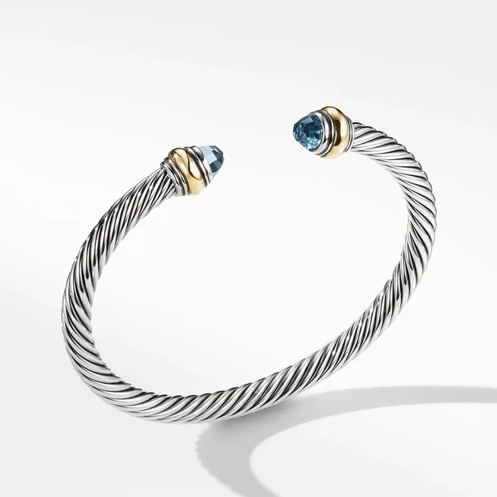 Classic Cable Bracelet in Sterling Silver with 14K Yellow Gold and Blue Topaz, 5mm