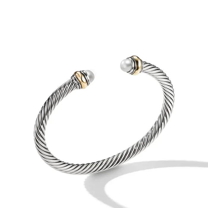 Classic Cable Bracelet in Sterling Silver with 14K Yellow Gold and Pearls, 5mm