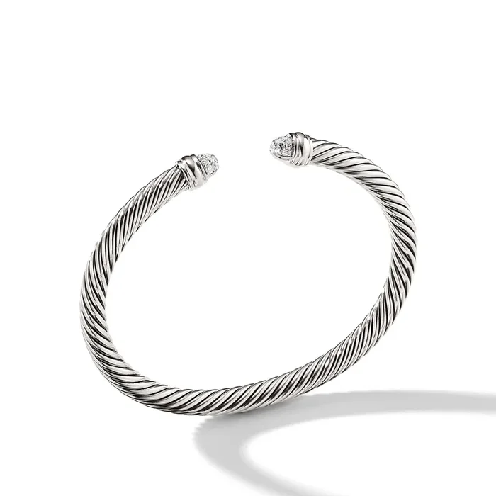 Classic Cable Bracelet in Sterling Silver with Pavé Diamond Domes, 5mm
