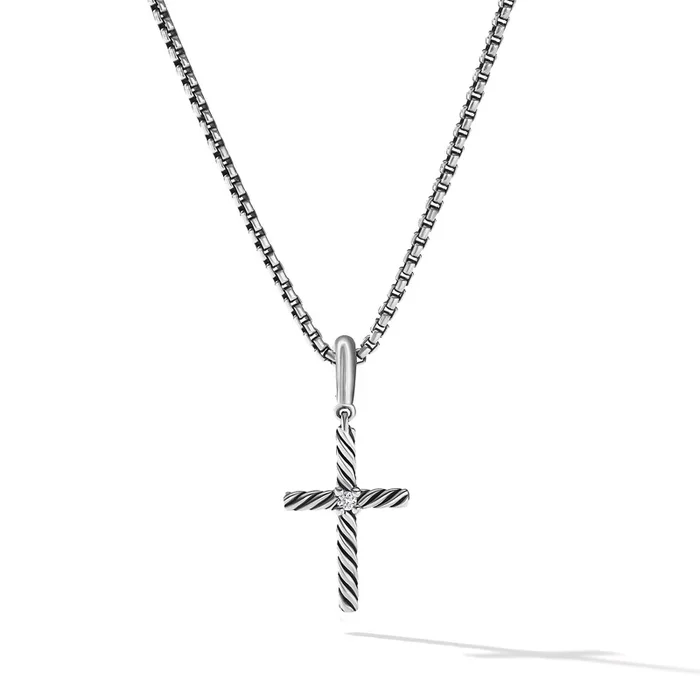 Classic Cable Cross Pendant in Sterling Silver with Center Diamond, 24mm