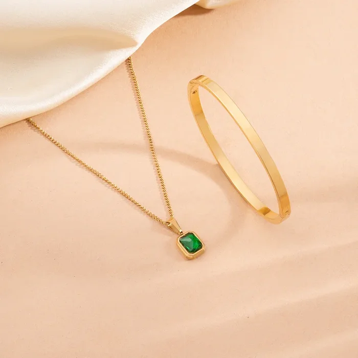 Classic Emerald Necklace & Plain Stackable Bangle Bracelet | 4MM Combo Set