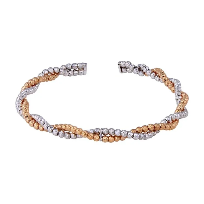 Clearance-925 Sterling Silver Rhodium and Rose Gold Plated Bead Diamond Cut Bangle- SPB00008