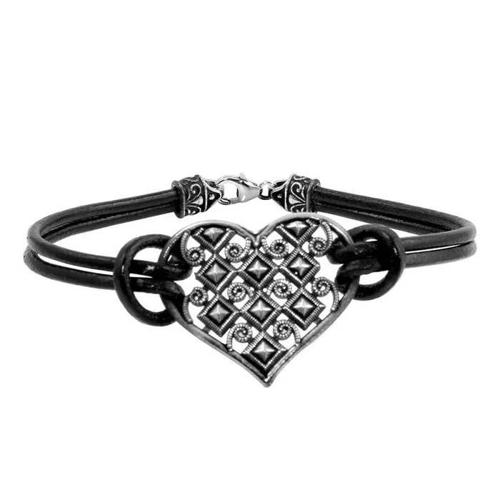 Clearance-Oxidized 925 Sterling Silver Cut Out Designed Heart Leather Bracelet – OXB00015