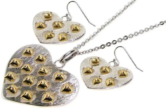 Clearance-Rhodium Plated 925 Sterling Silver Large Heart Pendant and Small Heart Earrings Set with Heart Charms – STS00075