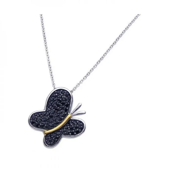 Clearance-Silver 925 Black Rhodium Plated Clear CZ Butterfly Pendant Necklace – STP00955