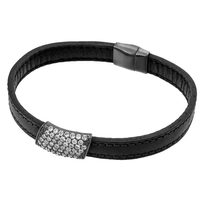 Clearance-Silver 925 Black Rhodium Plated Clear Micro Pave CZ Leather Bracelet – ECB004BLK