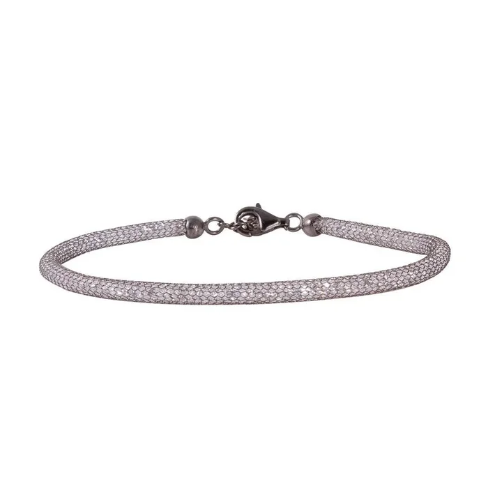 Clearance-Silver 925 Black Rhodium Plated Mesh Embedded CZ Slim Italian Bracelet – ECB00046BL