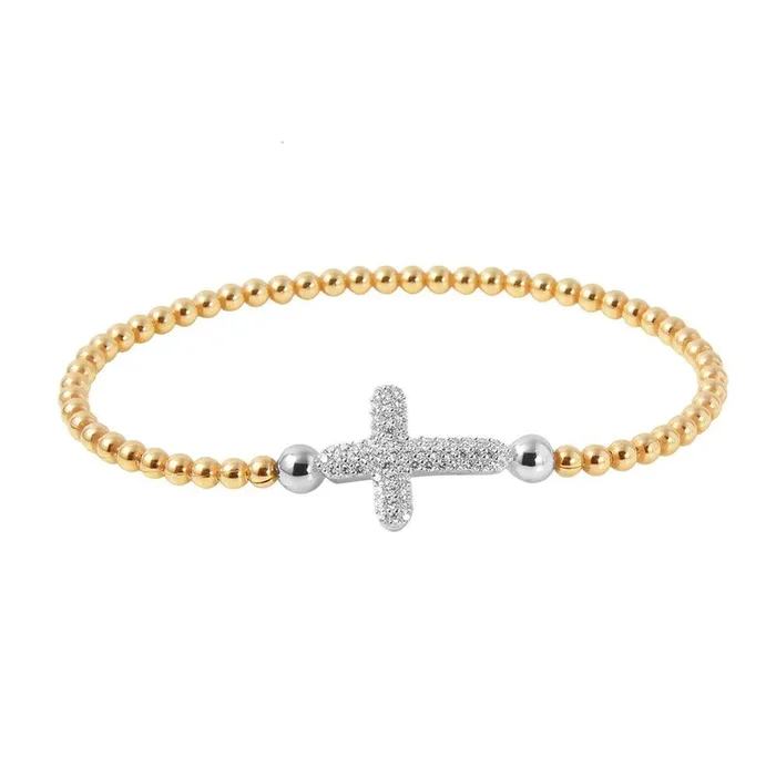 Clearance-Silver 925 Gold Plated Beaded Italian Bracelet with CZ Encrusted Cross – ITB00196GP-RH