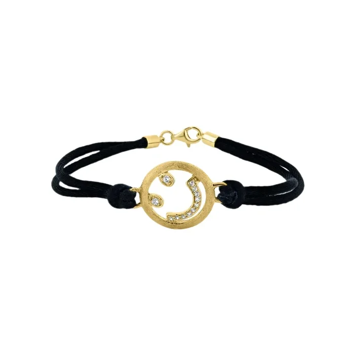 Clearance-Silver 925 Gold Plated Happy Face Clear CZ Black Cord Bracelet – STB00432