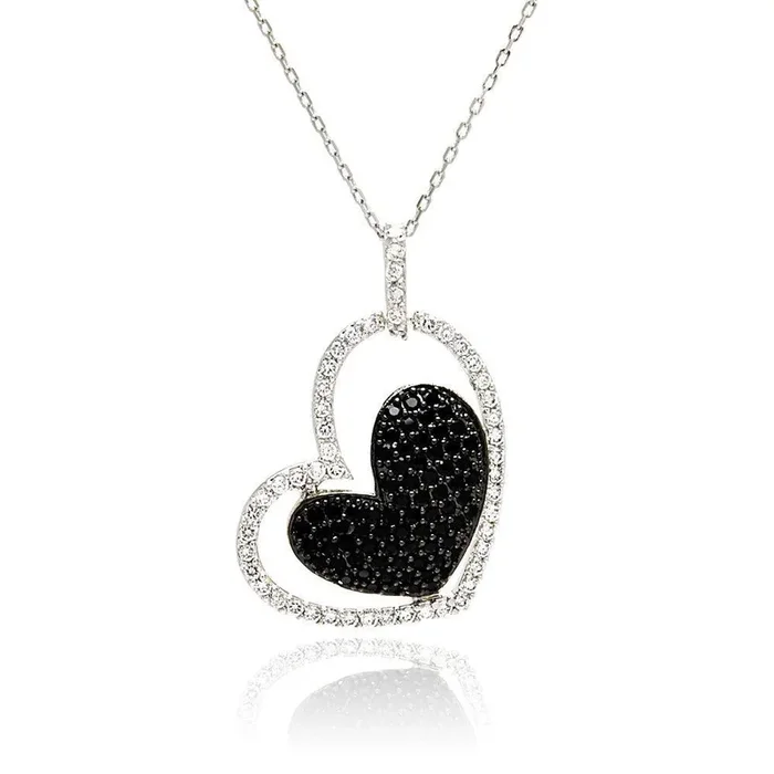Clearance-Silver 925 Rhodium and Black Rhodium Plated Clear and Black CZ Heart Pendant Necklace – STP00819