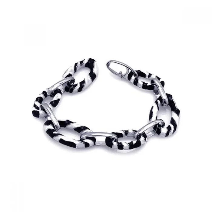 Clearance-Silver 925 Rhodium Plated Black and White Enamel Zebra Print Open Link Bracelet – STB00417
