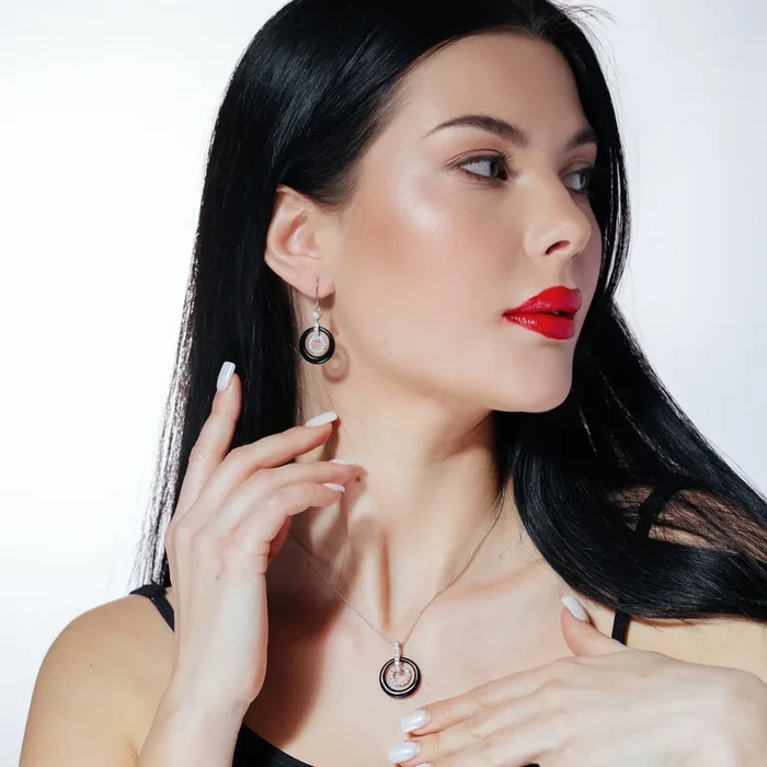 Clearance-Silver 925 Rhodium Plated Black Onyx Circle and CZ Earring and Necklace Set – STS00017