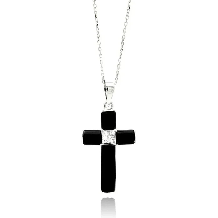Clearance-Silver 925 Rhodium Plated Black Onyx CZ Necklace – BGP00486