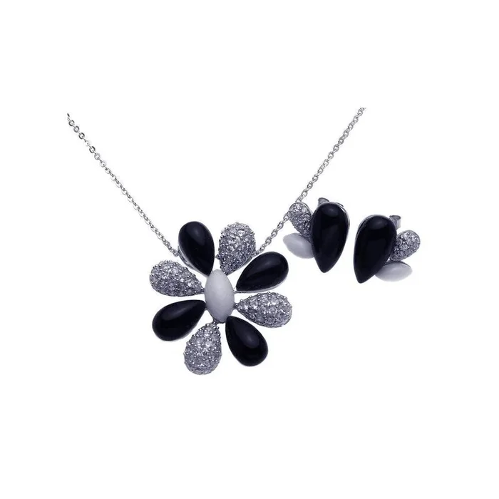 Clearance-Silver 925 Rhodium Plated Black Onyx White Enamel Clear Flower CZ Stud Earring and Necklace Set – BGS00088
