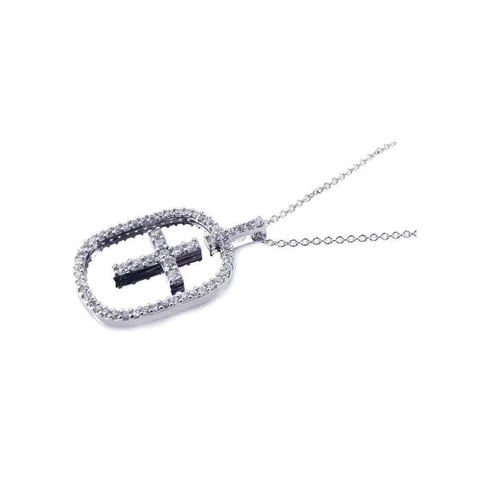 Clearance-Silver 925 Rhodium Plated Clear CZ Cross Pendant Necklace – STP00664