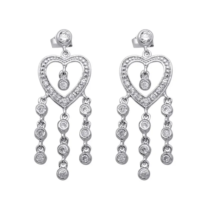 Clearance-Silver 925 Rhodium Plated Heart CZ Three Strand Dangling Earrings – STE00169
