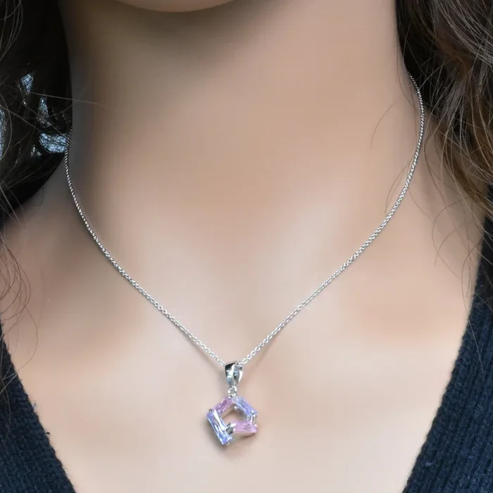 Clearance-Silver 925 Rhodium Plated Pink & Lavender Baguette CZ Stud Earring and Necklace Set – STS00003