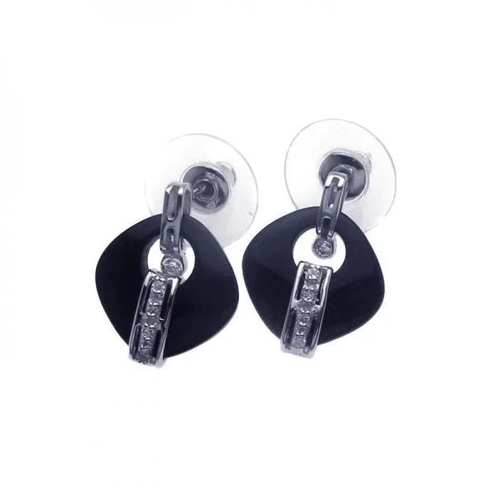 Clearance-Silver 925 Rhodium Plated Square Onyx CZ Dangling Stud Earrings – BGE00109