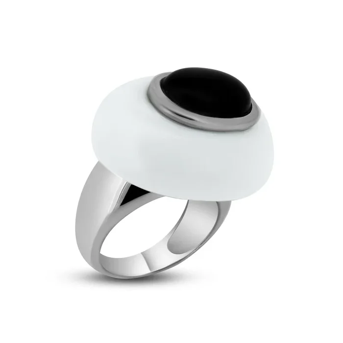 Clearance-Silver 925 Rhodium Plated White Enamel Onyx Dome Ring – BGR00169